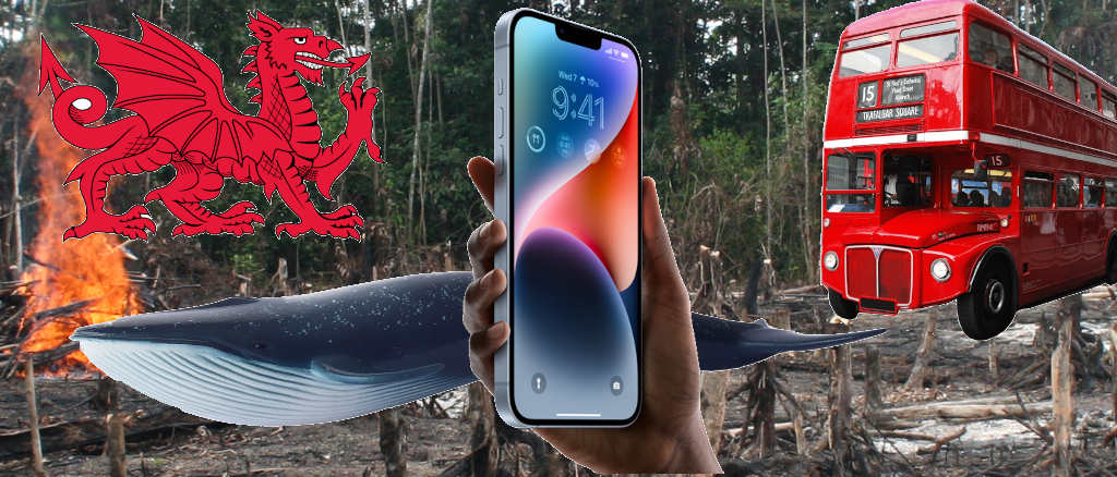 a blue whale, the welsh dragon, a london bus, and an iphone, held against the background of a burning forest