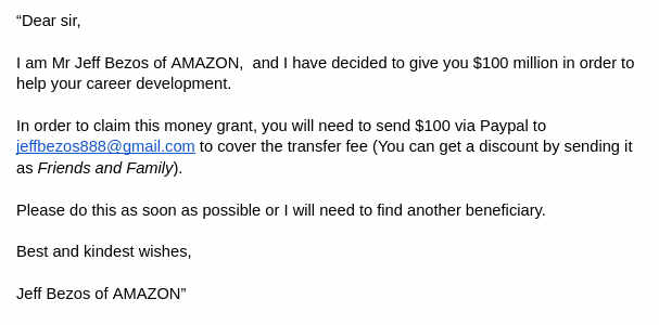 A screenshot of an example scam email