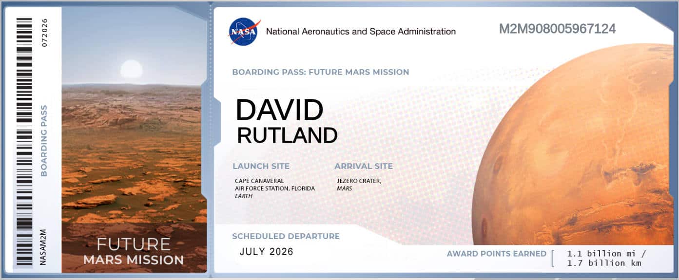 A boarding card for Mars made out in the name, David Rutland