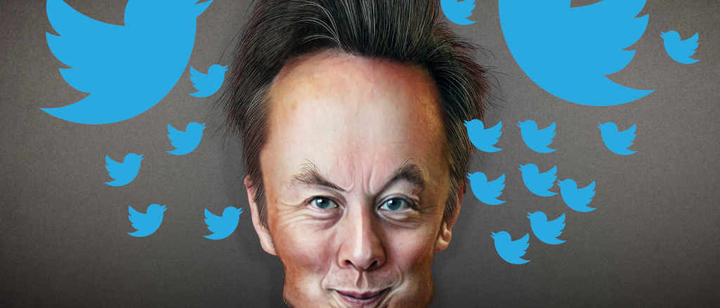 Elon Musk cartoon against a background of blue birds
