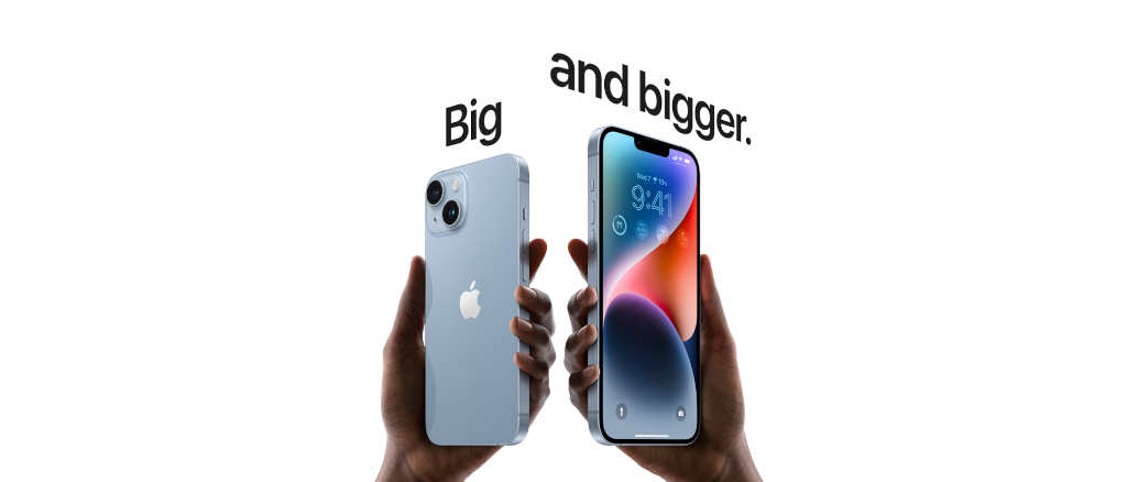 two hands holding the iphone 14 and the iphone 14 plus