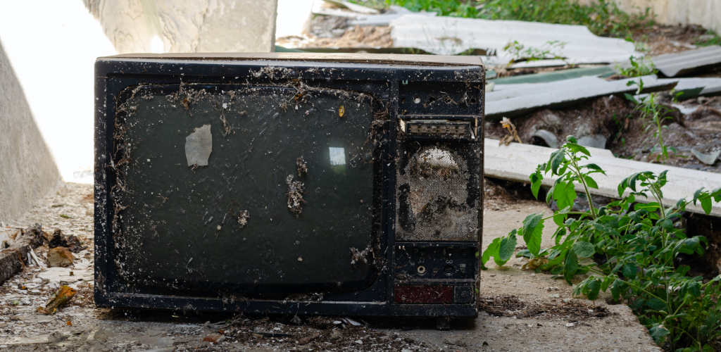 a broken and dirty TV in an alleyway