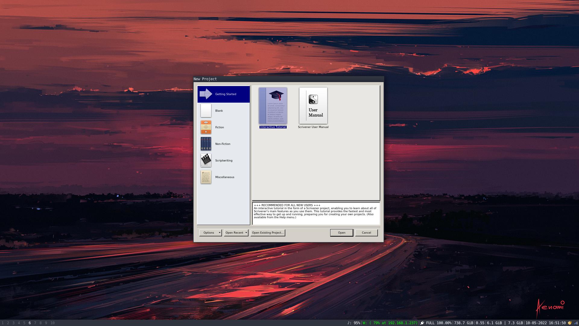 Scrivener 'Getting Started' screen on Ubuntu 22.04