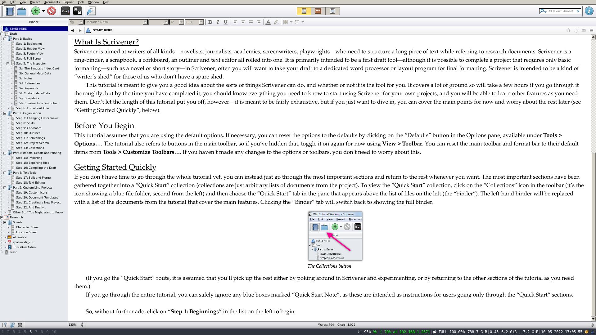 Scrivener interactive tutorial on Ubuntu 22.04