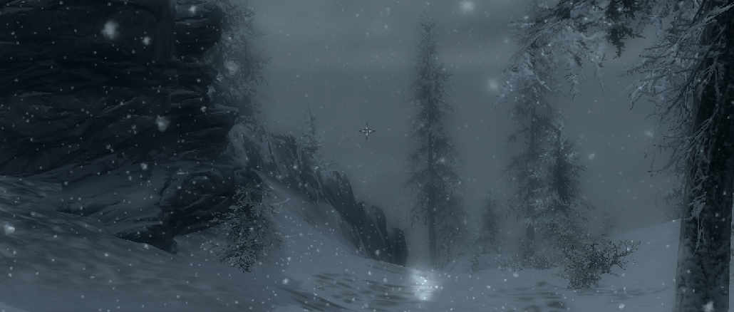 A snowy rural scene from within Skyrim