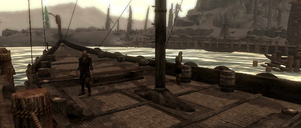 A screenshot from the Skyrim Dragonborn expansion showing a boat at Raven Rock