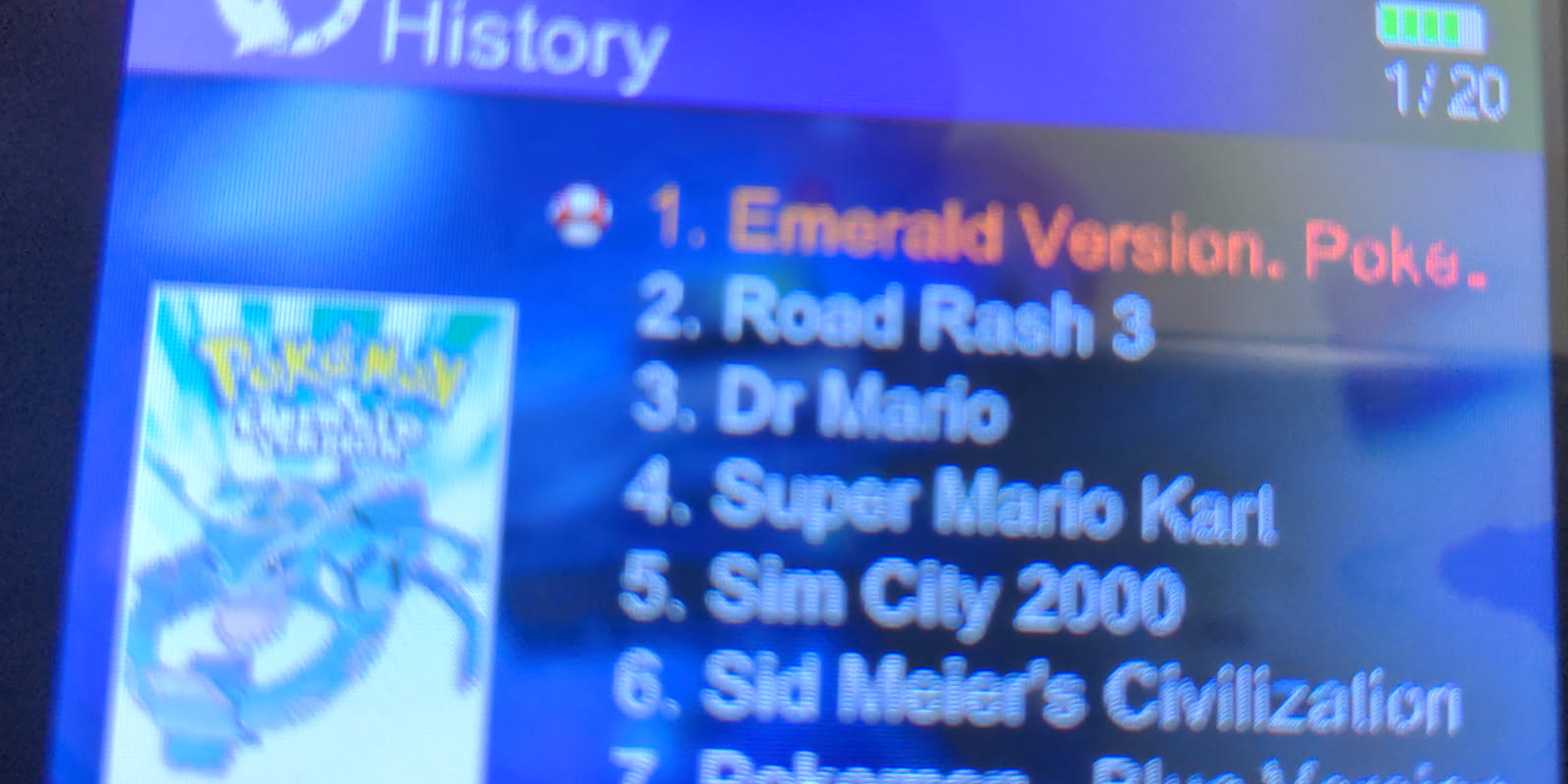 Gamebox 300 history menu with game titles