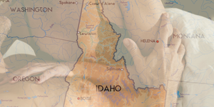Map of Idaho overlaid with a couple in their underwear in a bed