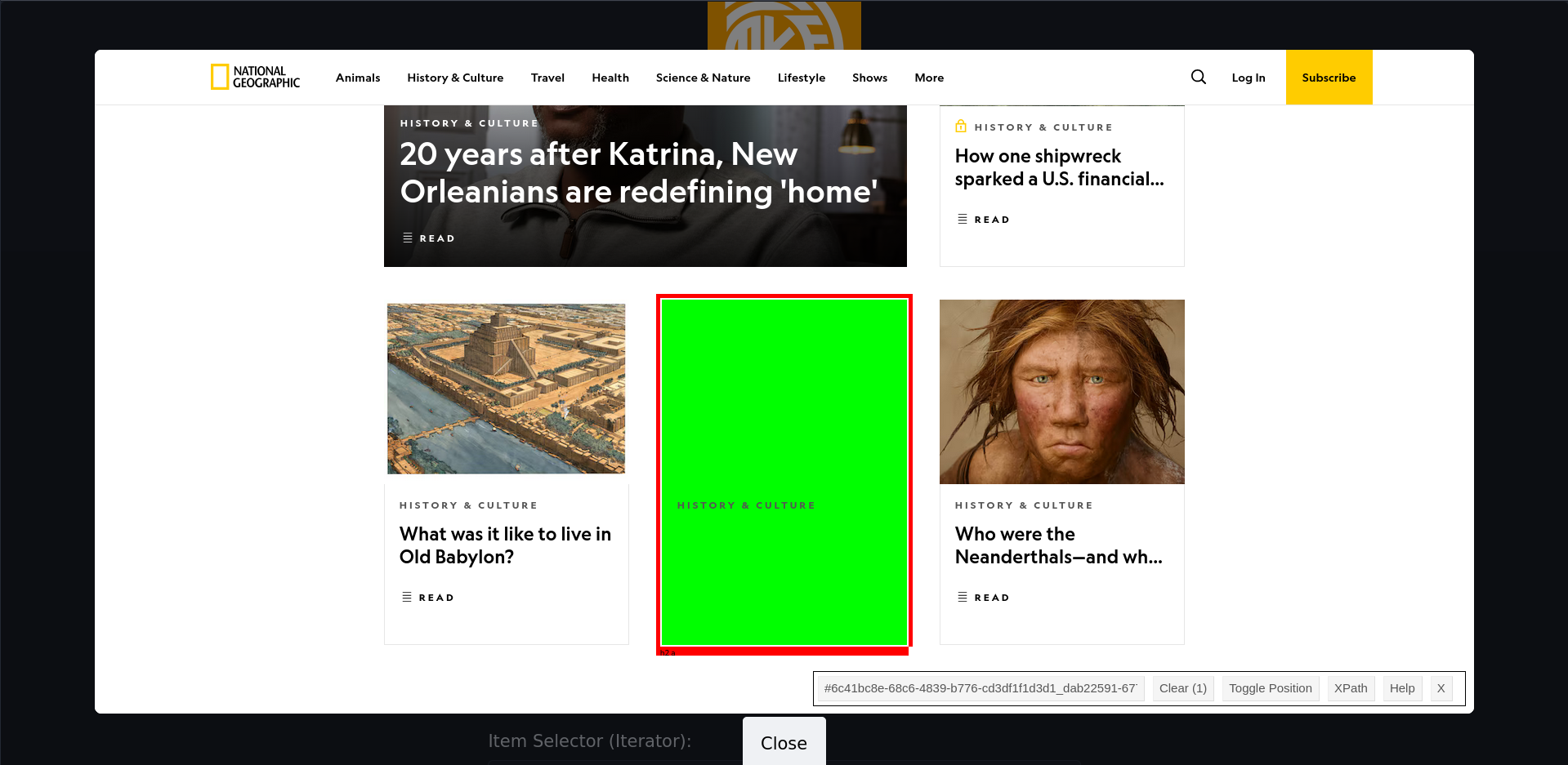 National Geographic history and culture page open in mkfd's selector playground