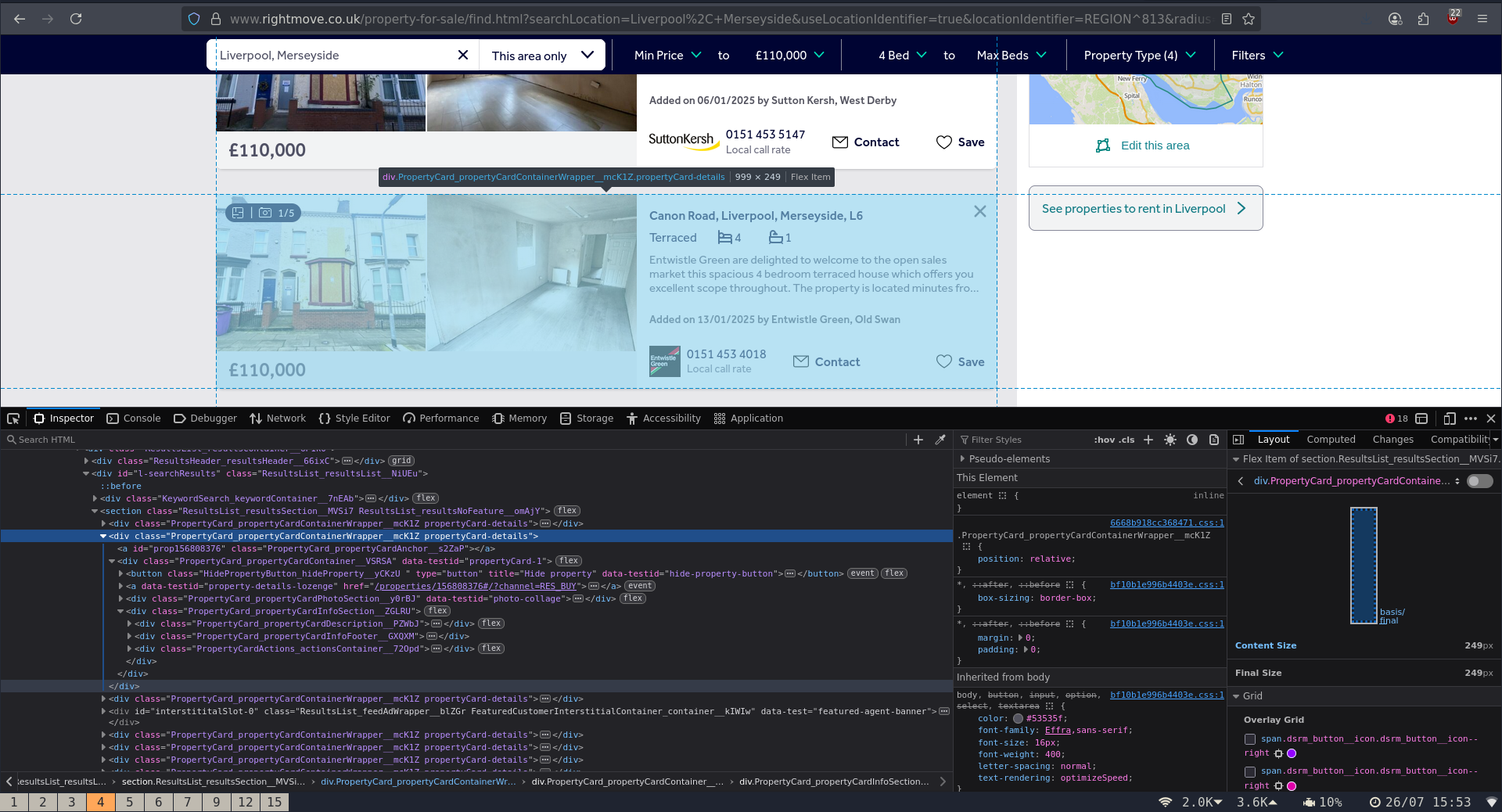 Right Move search in firefox with inspection window open
