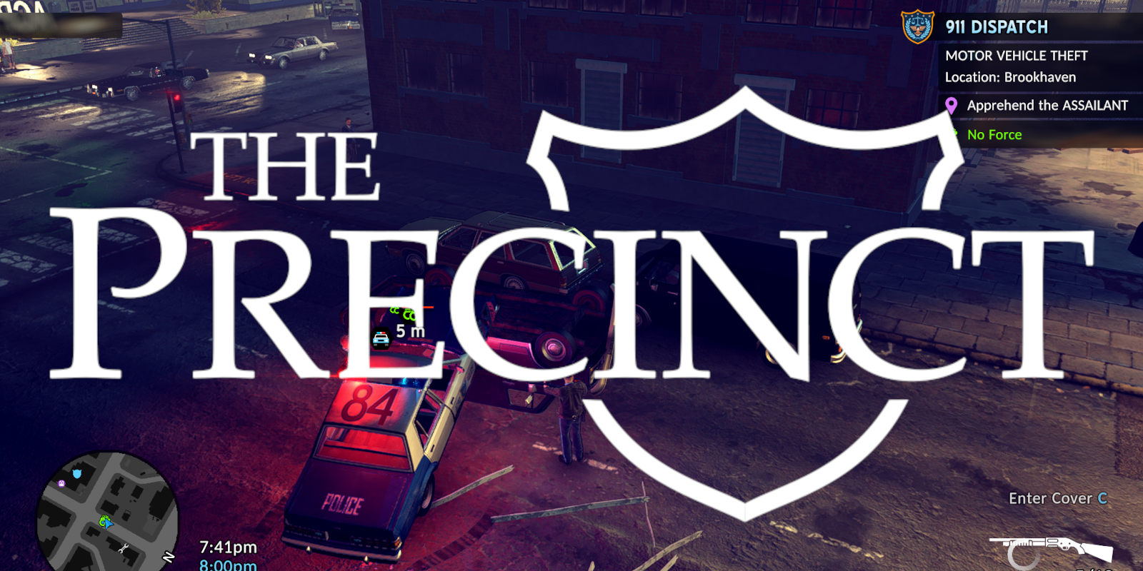 Gameplay from The Precinct with "The Precinct" logo overlaid.