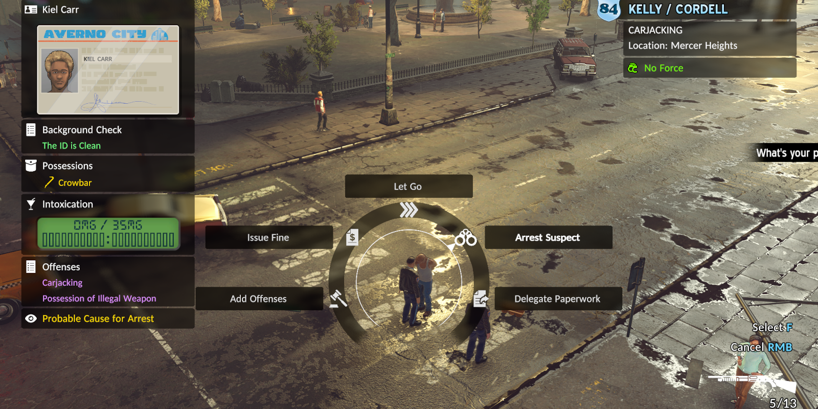 Gameplay showing choices menu for a carjacking arrest
