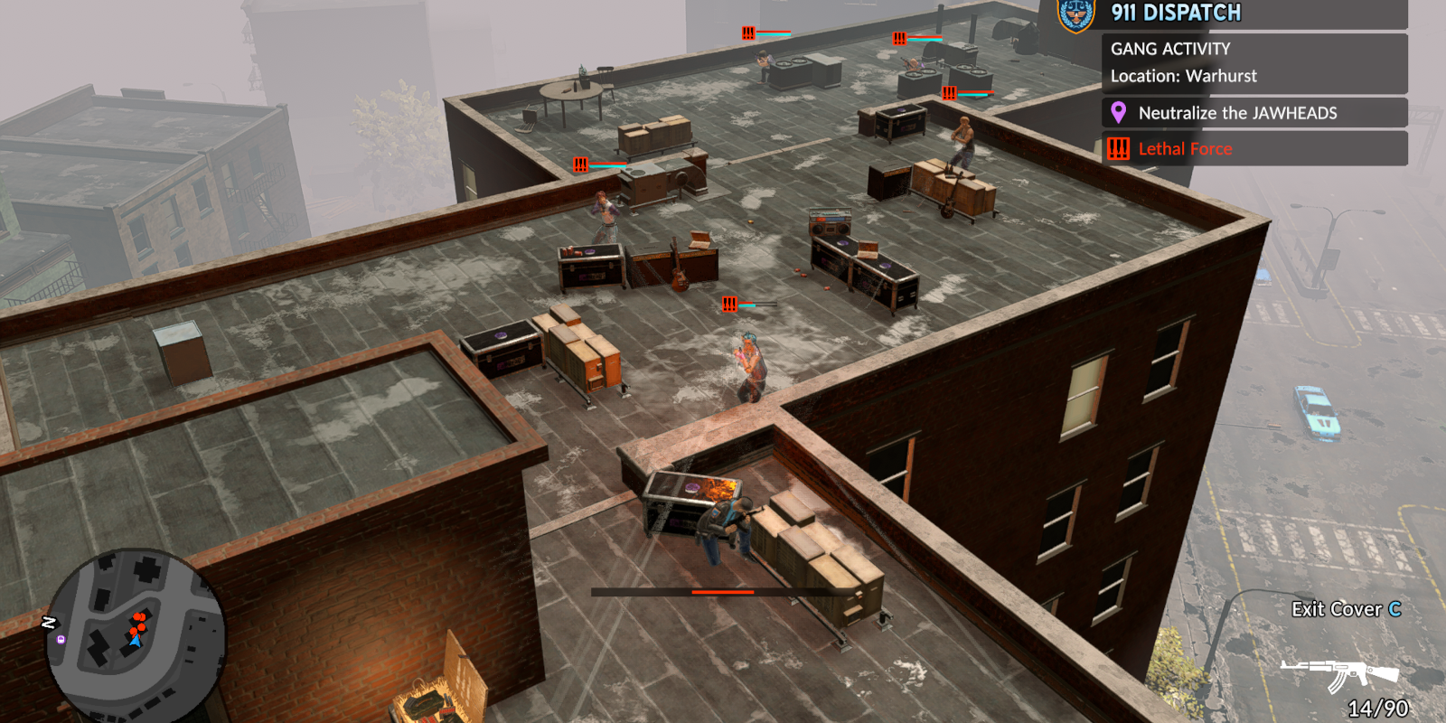 A rooftop gunfight against the Jawheads gang, with the protagonist hiding behind a box