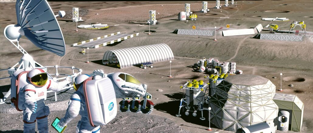 CGI image of miners in a lunar colony