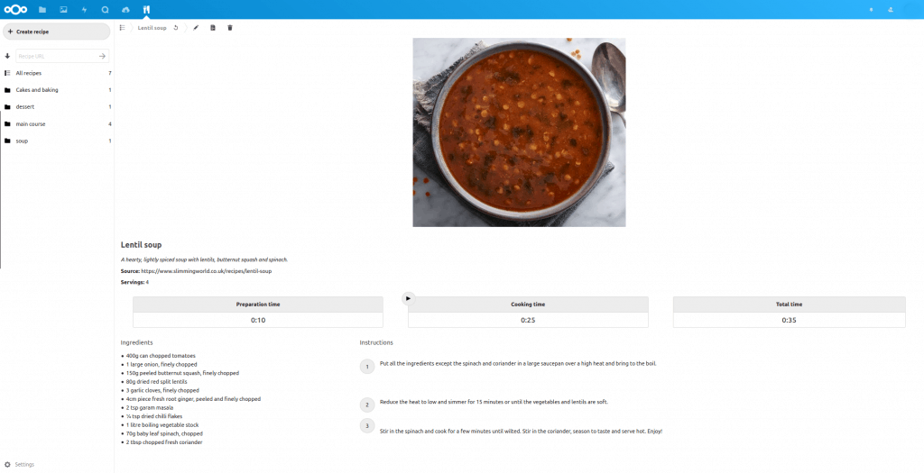 web interface showing nextcloud cookbook steps and timer