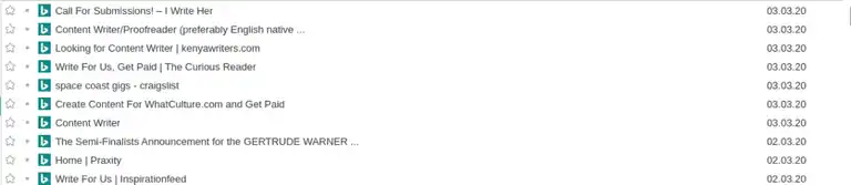 Bing search results for writing jobs displayed in an RSS reader
