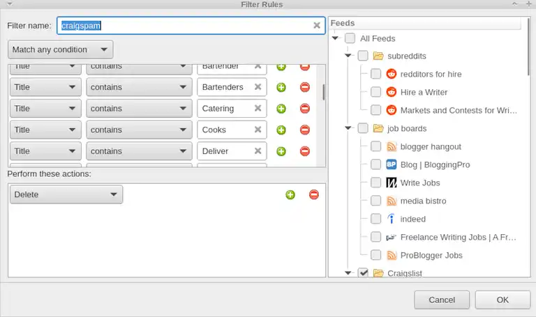 QuiteRSS spam filter setup