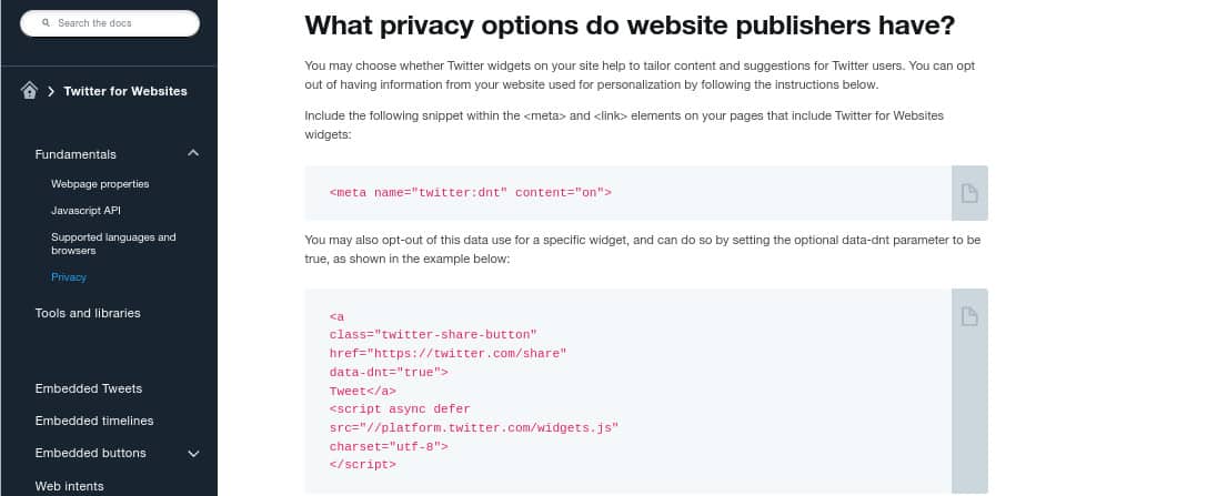 Twitter help page showing privacy options for website developers