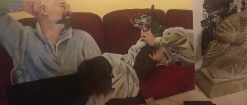 Acrylic painting of a handsome man, two children and a dog, playing on a counch