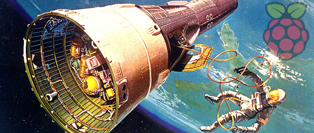 Illustration of an astronaut tethered to a capsule overlaid with the Raspberry Pi logo