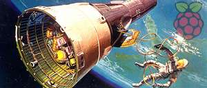 Illustration of an astronaut tethered to a capsule overlaid with the Raspberry Pi logo