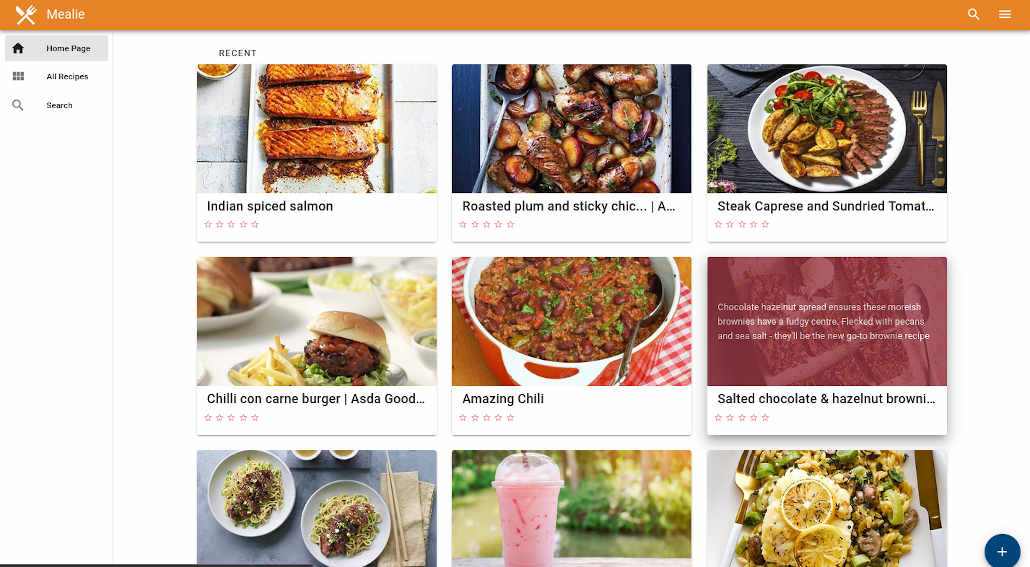 The Mealie default interface showing recipe cards