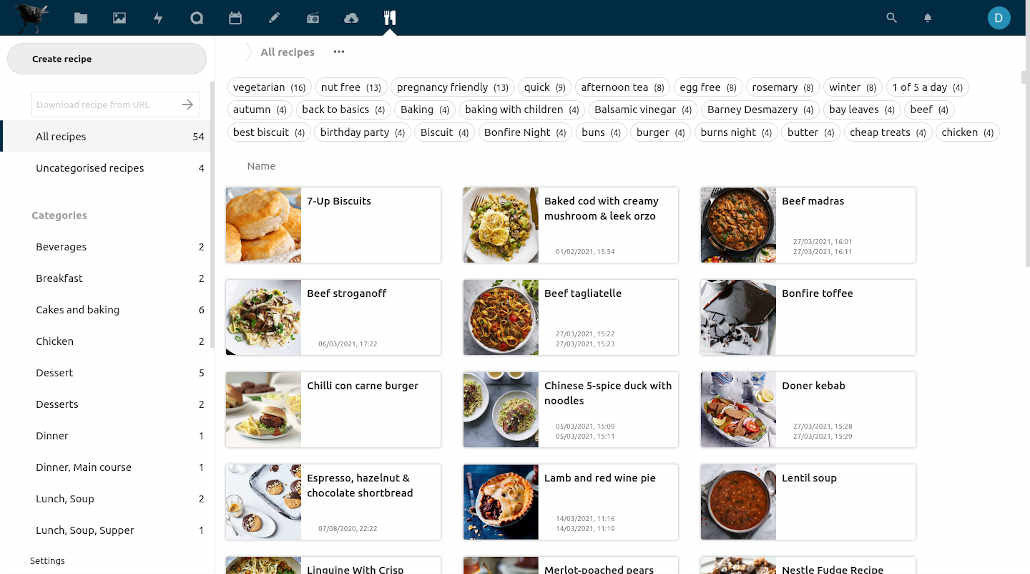 Nextcloud cookbook showing a range of recipes