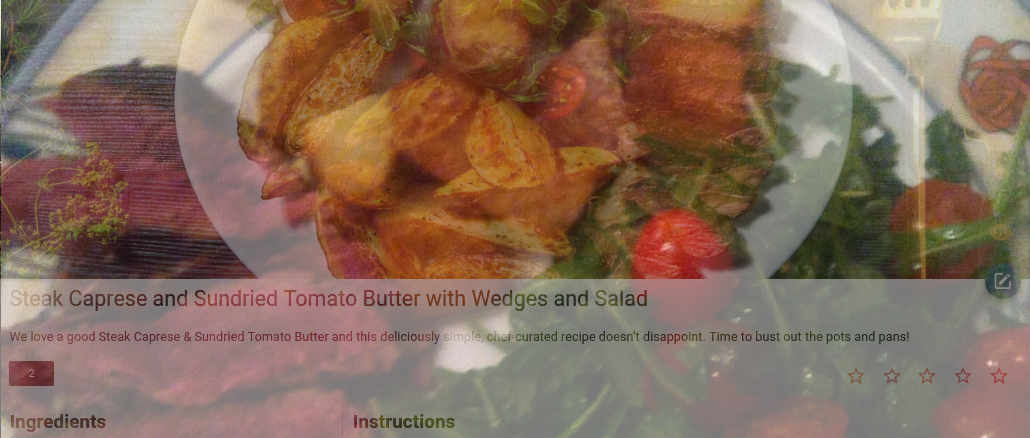 A peppered fillet caprese overlaid with the Mealie interface