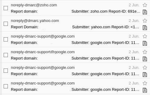 Email inbox showing dmarc reports