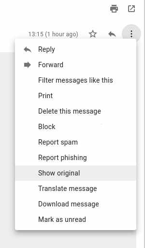 Gmail menu highlighting "show original"