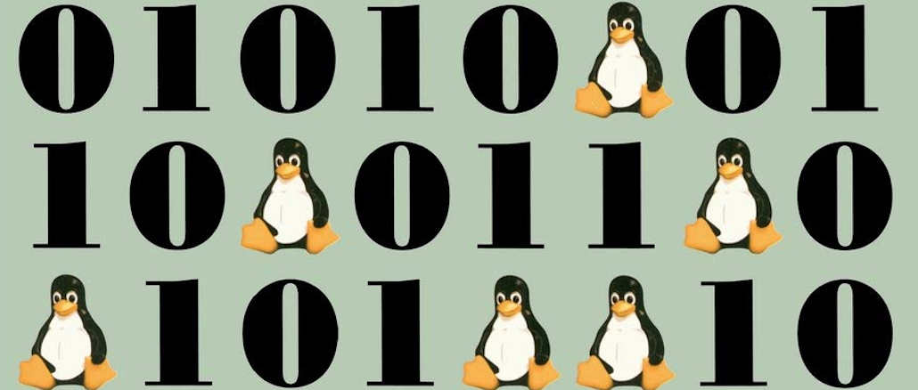 Linux penguins interspersed between a series of zeros and ones