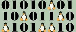 Linux penguins interspersed between a series of zeros and ones