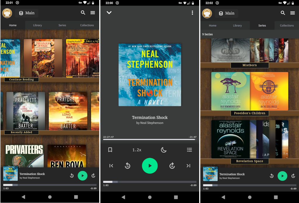 Audiobookshelf web interface overlaid with the Android client playing Neal Stephenson's Termination Shock