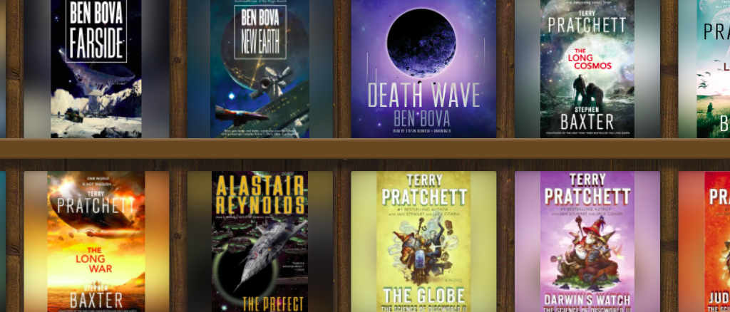 Audiobookshelf main interface showing a selection of science fiction and Terry Pratchettt covers