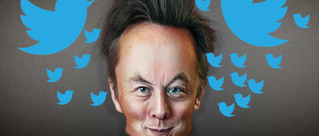 Cartoon image of Elon Musk surrounded by blue Twitter birds 