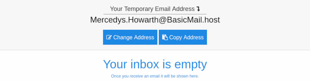 Temporary email inbox showing empty