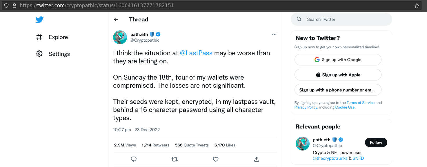 Twitter post from cryptopathic suggesting the LastPass data breach may be really bad