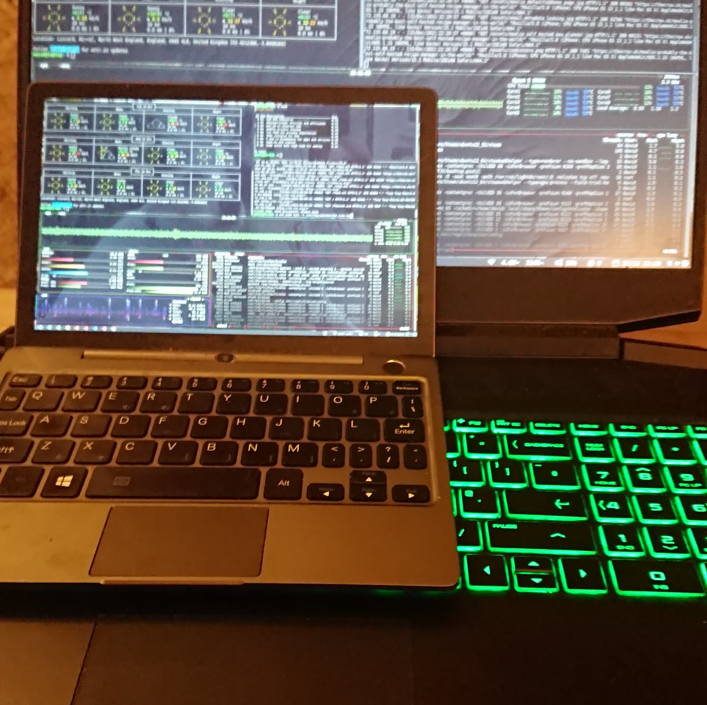 GPD P2 Max sitting on the keyboard of a full-sized laptop