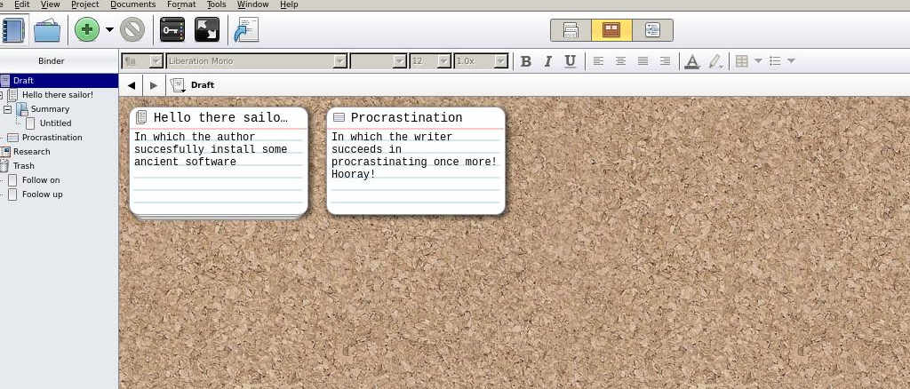 The scrivener interface with notes attached to a corkboard