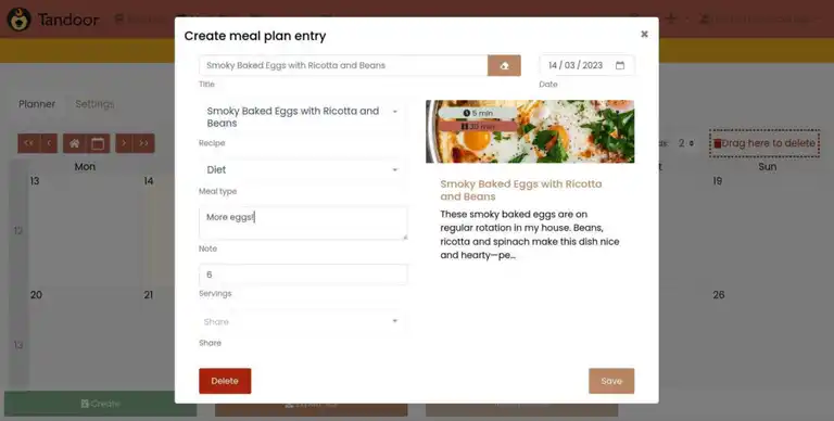 Creating a meal plan with Tandoor