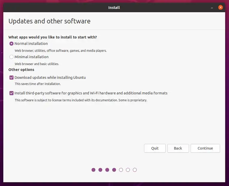 Ubumtu installation giving options of a normal or minimal install