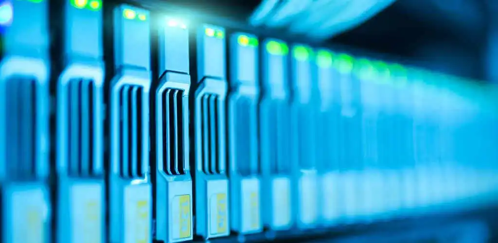 Server rack illuminated by blue light