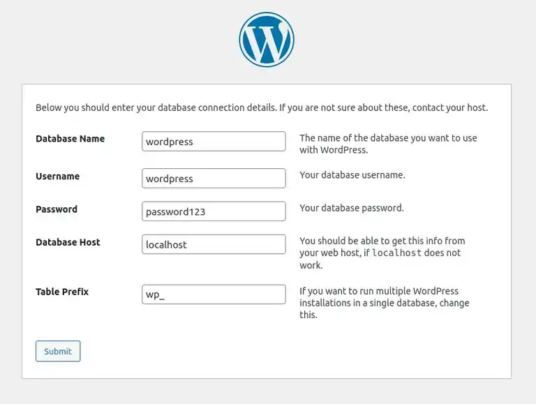 Wordpress setup showing database connection detail fields