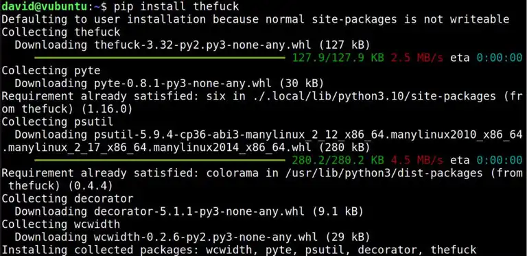 Installing thefuck in Linux terminal using pip