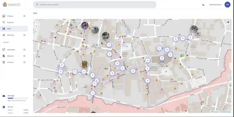 Immich map showing photos and zoomed in on Cyprus