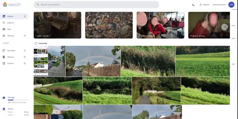 Immich web interface showing a selection of photos