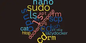 A brightly coloured word cloud of Linux commands on a black background
