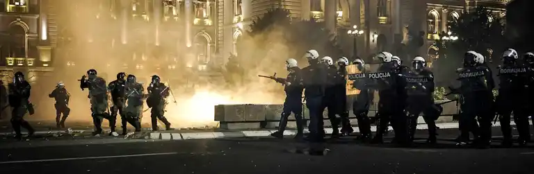 Armed riot police at a protest