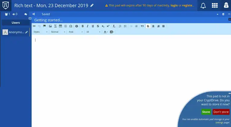 Cryptpad interface with a blank document