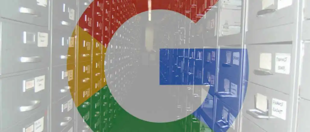 Google logo superimposed over a stack of filing cabinets